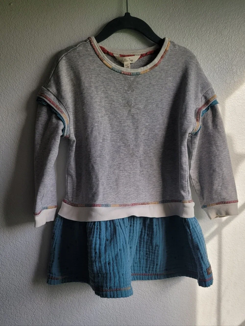 Matilda Jane Gray Sweatshirt with Blue Skirt Panel and Rainbow Trim. Size 4